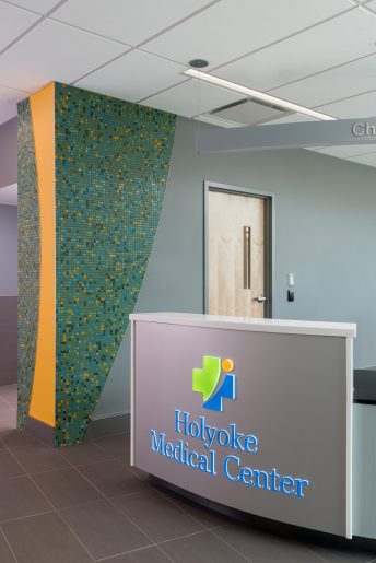 Medical center reception with modern design.