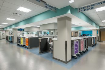 Modern hospital emergency room with medical carts.