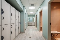 Locker room with light blue walls.