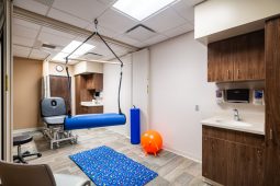 Therapy room with equipment and exercise mat.